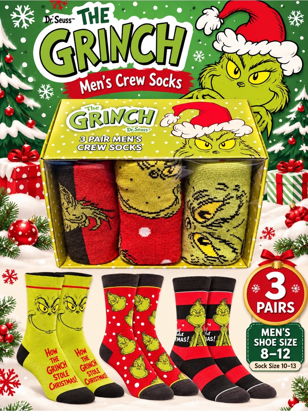 NWT Grinch Men's Crew Socks - 3 Pair Pack Bioworld